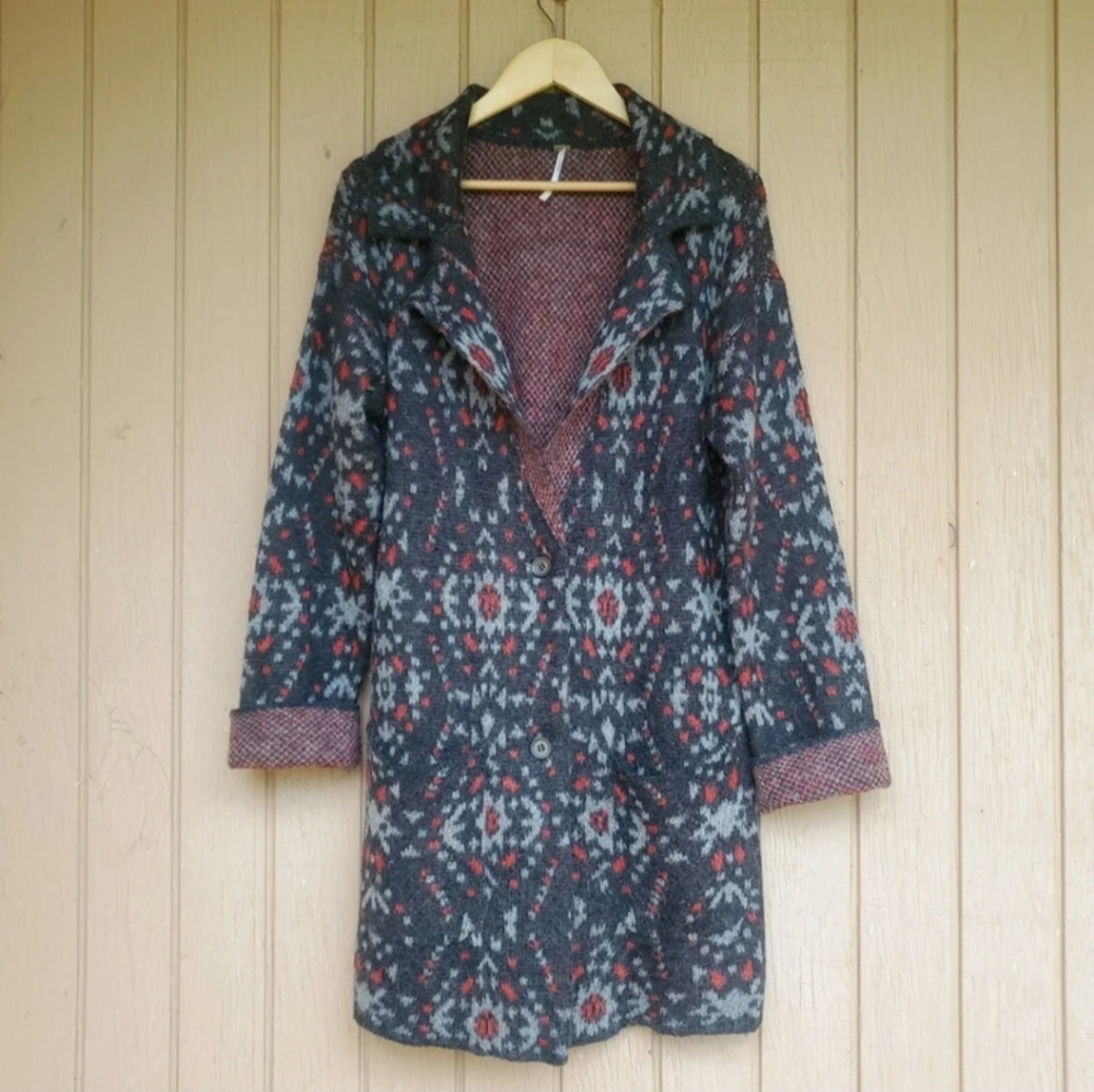 Free People Alpaca Wool Blend Boho Southwestern Long Cardigan Sweater Gray Small